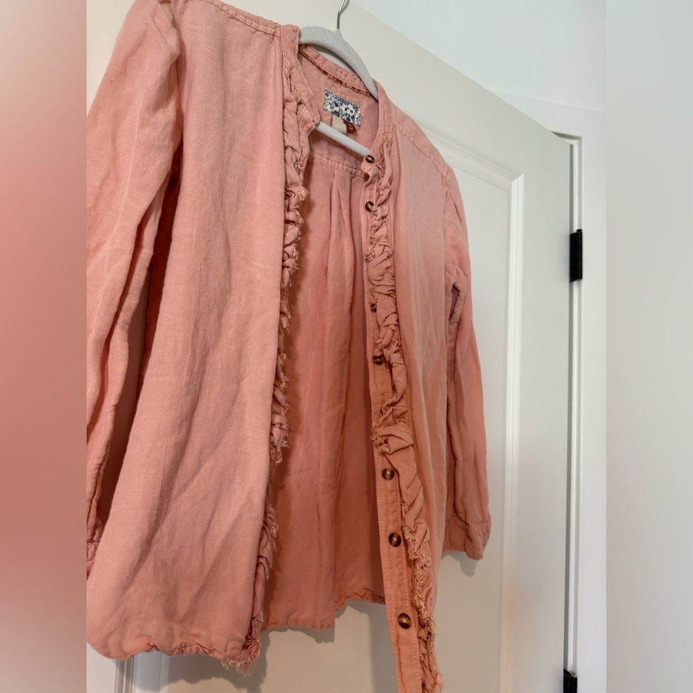 Pilcro Anthropologie Light Pink Linen Ruffled Button Down Blouse Size XS - Picture 5 of 11